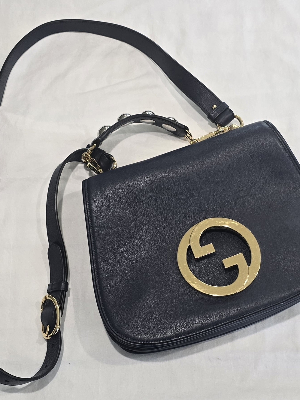 Gucci Navy Blue Leather Shoulder Bag with Gold Double G